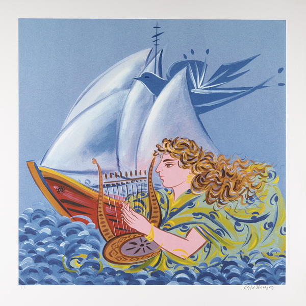 Woman with lyre on the sea